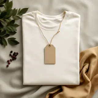 Camiseta creme dobrada com tag de papel kraft e grãos de café